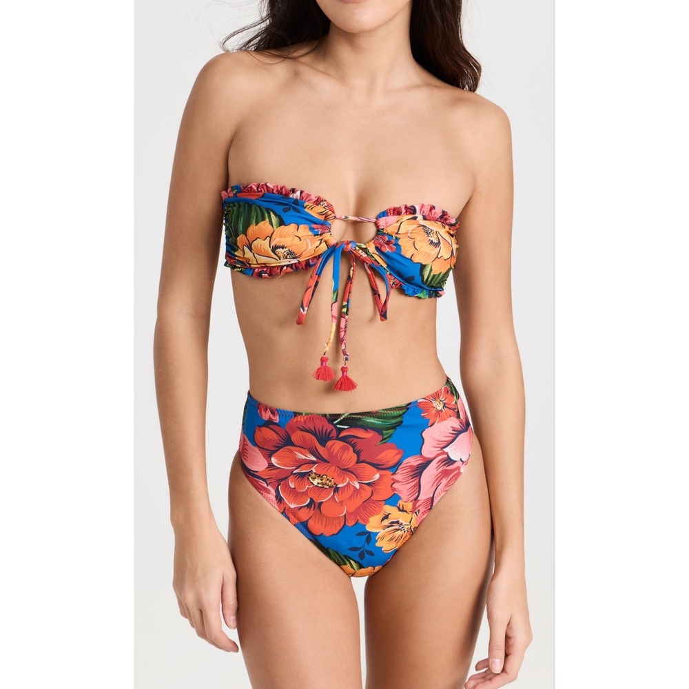 FARM Rio Blue Winter Chita Flowers Ruffle Bandeau High Waist Bikini Set NEW M